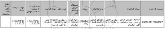 مناقصه، فراخوان ارزیابی کیفی سرویس دهی مامورین موظف قطارها در  اداره کل راه آهن خراسان
