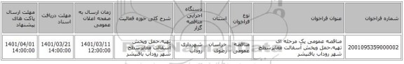 مناقصه، مناقصه عمومی یک مرحله ای تهیه،حمل وپخش آسفالت معابرسطح شهر روداب بافنیشر