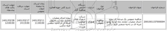 مناقصه، مناقصه عمومی یک مرحله ای پروژه اجرای عملیات حفاری چاه آب به روش ضربه ای در ناحیه صنعتی قروه درگزین
