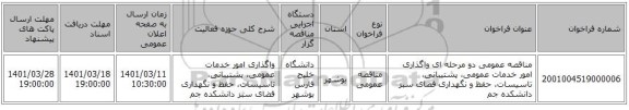مناقصه، مناقصه عمومی دو مرحله ای واگذاری امور خدمات عمومی، پشتیبانی، تاسیسات، حفظ و نگهداری فضای سبز دانشکده جم
