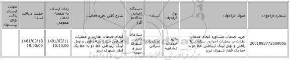 مناقصه، خرید خدمات مشاوره انجام خدمات نظارت بر عملیات اجرایی سازه سه راهی و تونل لینک ارتباطی خط دو به خط یک قطار ‏شهری تبریز