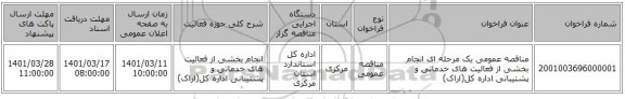 مناقصه، مناقصه عمومی یک مرحله ای انجام بخشی از فعالیت های خدماتی و پشتیبانی اداره کل(اراک)