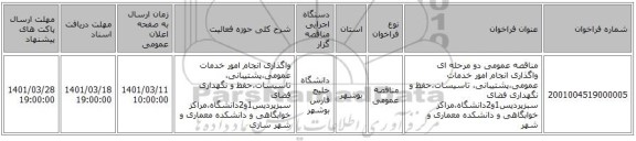 مناقصه، مناقصه عمومی دو مرحله ای  واگذاری انجام امور خدمات عمومی،پشتیبانی، تاسیسات،حفظ و نگهداری فضای سبزپردیس1و2دانشگاه،مراکز خوابگاهی و دانشکده معماری و شهر