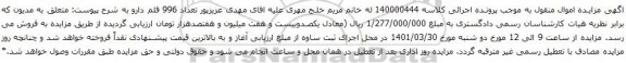 آگهی مزایده مال منقول(وسایل و اثاث منزل و ... ) به شماره پرونده‫140004001015004473‬مالک مهدی عزیزپور