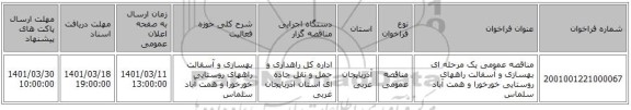 مناقصه، مناقصه عمومی یک مرحله ای بهسازی و آسفالت راههای روستایی خورخورا و همت آباد سلماس   ‏‏‏‏