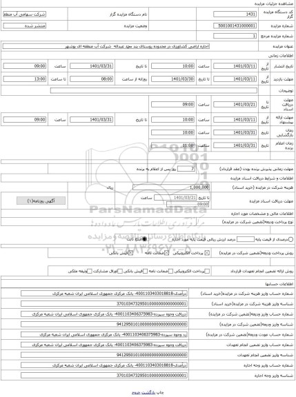 مزایده ، اجاره اراضی کشاورزی در محدوده روستای بند محمد عبداله شرکت آب منطقه ای بوشهر