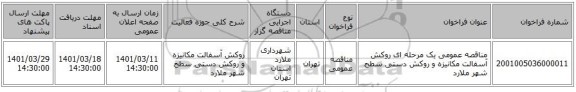مناقصه، مناقصه عمومی یک مرحله ای  روکش آسفالت مکانیزه و روکش دستی سطح شهر ملارد