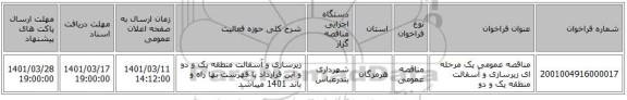 مناقصه، مناقصه عمومی یک مرحله ای زیرسازی و آسفالت منطقه یک و دو