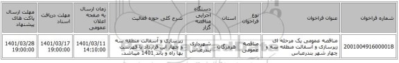 مناقصه، مناقصه عمومی یک مرحله ای زیرسازی و آسفالت منطقه سه و چهار شهر بندرعباس