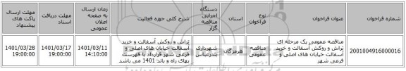مناقصه، مناقصه عمومی یک مرحله ای تراش و روکش آسفالت و خرید آسفالت خیابان های اصلی و فرعی شهر