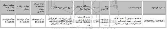 مناقصه، مناقصه عمومی یک مرحله ای تامین نیرو جهت انجام امور خدماتی-ب شهید استان یزد