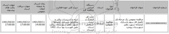 مناقصه، مناقصه عمومی یک مرحله ای تکمیل فاز سوم بازسازی کتابخانه شهید باهنر شهرستان بروجرد