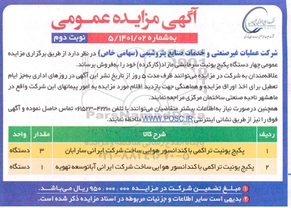 مزایده چهار دستگاه پکیج یونیت سرمایشی مازاد نوبت دوم