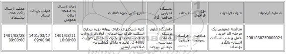 مناقصه، مناقصه عمومی یک مرحله ای خرید ، حمل و نصب اسکلت آشیانه بالگرد نهبندان