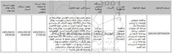 مناقصه، مناقصه عمومی همزمان با ارزیابی (یکپارچه) یک مرحله ای عملیات حفاظت ساحل رودخانه کارون در محدوده تاسیسات کوت امیر و ساحل رودخانه دز در محدوده تاسیسات چم العبید