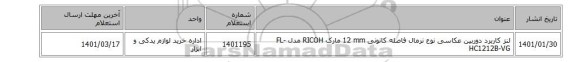 لنز کاربرد ‎دوربین عکاسی‏ نوع ‎نرمال‏ فاصله کانونی ‎12 mm‏ مارک RICOH‎ مدل ‎FL-HC1212B-VG