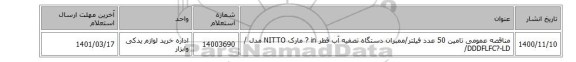 مناقصه عمومی تامین 50 عدد فیلتر/ممبران ‎دستگاه تصفیه آب‏ قطر ‎? in‏ مارک NITTO‎ مدل ‎‎/ /DDDFLFC?-LD