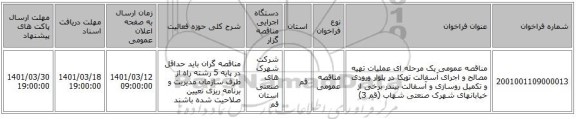 مناقصه، مناقصه عمومی یک مرحله ای عملیات تهیه مصالح و اجرای آسفالت توپکا در بلوار ورودی و تکمیل روسازی و آسفالت بیندر برخی از خیابانهای شهرک صنعتی شهاب (قم 3)