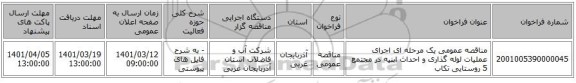 مناقصه، مناقصه عمومی یک مرحله ای اجرای عملیات لوله گذاری و احداث ابنیه در مجتمع 5 روستایی تکاب