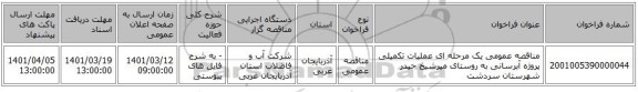 مناقصه، مناقصه عمومی یک مرحله ای عملیات تکمیلی پروژه آبرسانی به روستای میرشیخ حیدر شهرستان سردشت