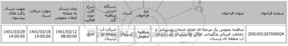مناقصه، مناقصه عمومی یک مرحله ای انجام خدمات پشتیبانی و حفاظت فیزیکی ونگهبانی اماکن وتاسیسات آبی شرکت آب منطقه ای لرستان