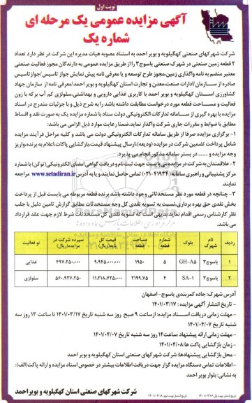 مزایده عمومی واگذاری تعداد 2 قطعه زمین صنعتی 