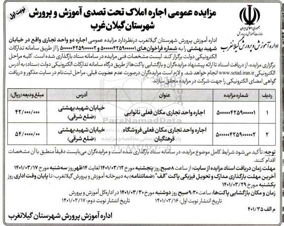 مزایده اجاره املاک تحت تصدی آموزش