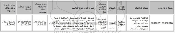 مناقصه، مناقصه عمومی یک مرحله ای اجرای عملیات عمرانی بصورت امانی شهرداری تاکستان