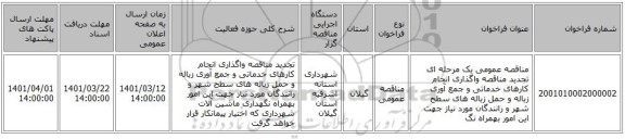 مناقصه، مناقصه عمومی یک مرحله ای تجدید مناقصه واگذاری انجام کارهای خدماتی و جمع آوری زباله و حمل زباله های سطح شهر و رانندگان مورد نیاز جهت این امور بهمراه نگ