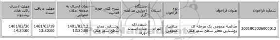 مناقصه، مناقصه عمومی یک مرحله ای  روشنایی معابر سطح شهر ملارد