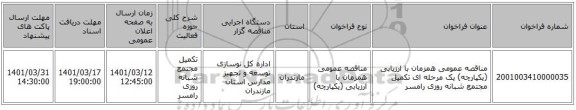 مناقصه، مناقصه عمومی همزمان با ارزیابی (یکپارچه) یک مرحله ای تکمیل مجتمع شبانه روزی رامسر