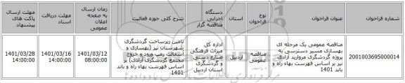 مناقصه، مناقصه عمومی یک مرحله ای بهسازی مسیر دسترسی به پروژه گردشگری مروارید آزادی نیر بر اساس فهرست بهاء راه و باند 1401