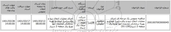 مناقصه، مناقصه عمومی یک مرحله ای اجرای عملیات انتقال نیرو و برقرسانی( اصلاح و بهینه سازی)در محدوده امور توزیع برق منطقه 2 شیراز(139-01)