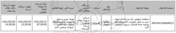 مناقصه، مناقصه عمومی یک مرحله ای تهیه، خرید و حمل تجهیزات الکترومکانیکال تصفیه خانه فاضلاب شهرک صنعتی گنبد