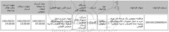 مناقصه، مناقصه عمومی یک مرحله ای تهیه، خرید و حمل تجهیزات الکترومکانیکال تصفیه خانه فاضلاب ناحیه صنعتی آقچلی