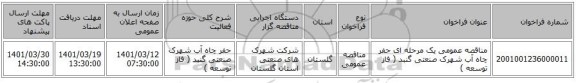 مناقصه، مناقصه عمومی یک مرحله ای حفر چاه آب شهرک صنعتی گنبد ( فاز توسعه )