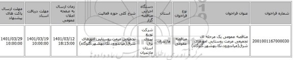 مناقصه، مناقصه عمومی یک مرحله ای تجمیعی مرمت روستایی امورهای شرق(میاندورود،نکا،بهشهر،گلوگاه)