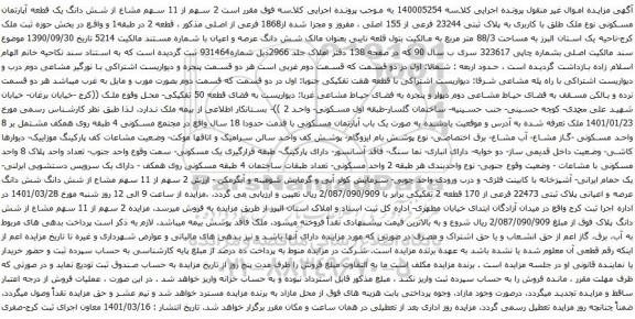 آگهی مزایده سهم از 11 سهم مشاع از شش دانگ یک قطعه آپارتمان مسکونی نوع ملک طلق با کاربری به پلاک ثبتی 23244 فرعی از 155 اصلی