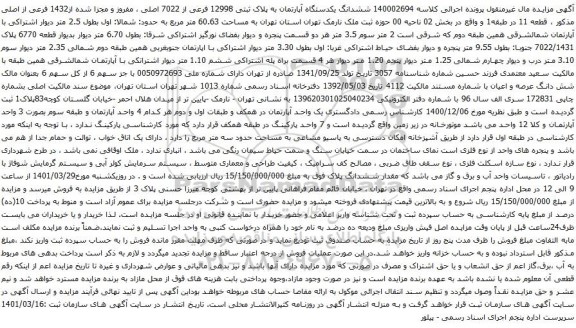 آگهی مزایده ششدانگ یکدستگاه آپارتمان به پلاک ثبتی 12998 فرعی از 7022 اصلی