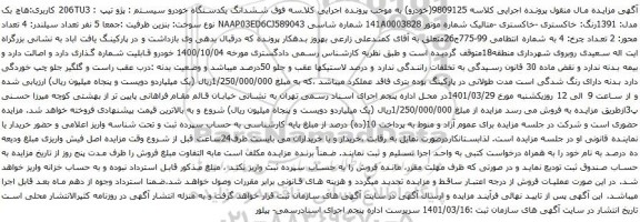 ششدانگ یکدستگاه خودرو سیستم : پژو تیپ : 206TU3 