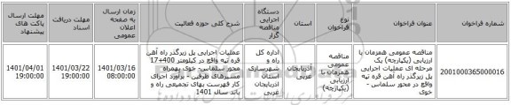مناقصه، مناقصه عمومی همزمان با ارزیابی (یکپارچه) یک مرحله ای عملیات اجرایی پل زیرگذر راه آهن قره تپه واقع در محور سلماس - خوی