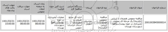 مناقصه، مناقصه عمومی همزمان با ارزیابی (یکپارچه) یک مرحله ای عملیات آبخیزداری در حوزه بیچند(سیاهو) شهرستان نهبندان