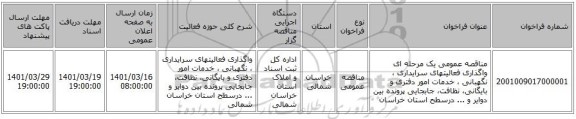 مناقصه، مناقصه عمومی یک مرحله ای واگذاری فعالیتهای سرایداری ، نگهبانی ، خدمات  امور دفتری و بایگانی، نظافت، جابجایی پرونده بین دوایر و ... درسطح استان خراسان