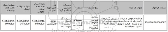 مناقصه، مناقصه عمومی همزمان با ارزیابی (یکپارچه) یک مرحله ای خدمات متقاضیان و مشترکین جز و عمده ، قرائت و توزیع و خدمات ناحیه شهرستان زاهدان