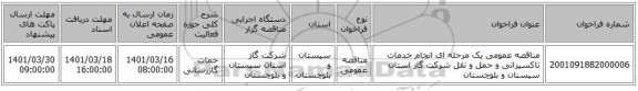 مناقصه، مناقصه عمومی یک مرحله ای انجام خدمات تاکسیرانی و حمل و نقل شرکت گاز استان سیستان و بلوچستان
