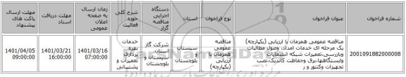 مناقصه، مناقصه عمومی همزمان با ارزیابی (یکپارچه) یک مرحله ای خدمات امداد، وصول مطالبات وبازرسی،تعمیرات شبکه انشعابات وایستگاهها،برق وحفاظت کاتدیک،نصب تجهیزات وکنتور و ر