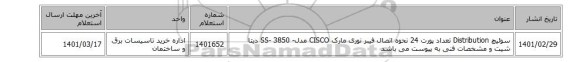 سوئیچ Distribution تعداد پورت ‎24‏ نحوه اتصال ‎فیبر نوری‏ مارک CISCO‎ مدل- 3850  -SS  دیتا شیت و مشخصات فنی به پیوست می باشد
