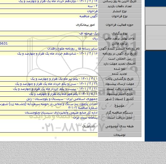 مناقصه, احداث یکمورد بند سنگ و ملاتی در حوضه سفیدآبه (چشمه زرد) شهرستان نیمروز شماره مناقصه ۴۰۱۰۲