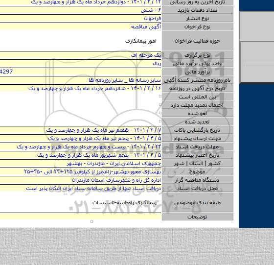 مناقصه, بهسازی محور بهشهر-زاغمرز از کیلومتر ۱۲۵+۲۳ الی ۳۵۰+۲۵