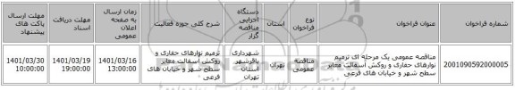 مناقصه، مناقصه عمومی یک مرحله ای ترمیم نوارهای حفاری و روکش آسفالت معابر سطح شهر و خیابان های فرعی